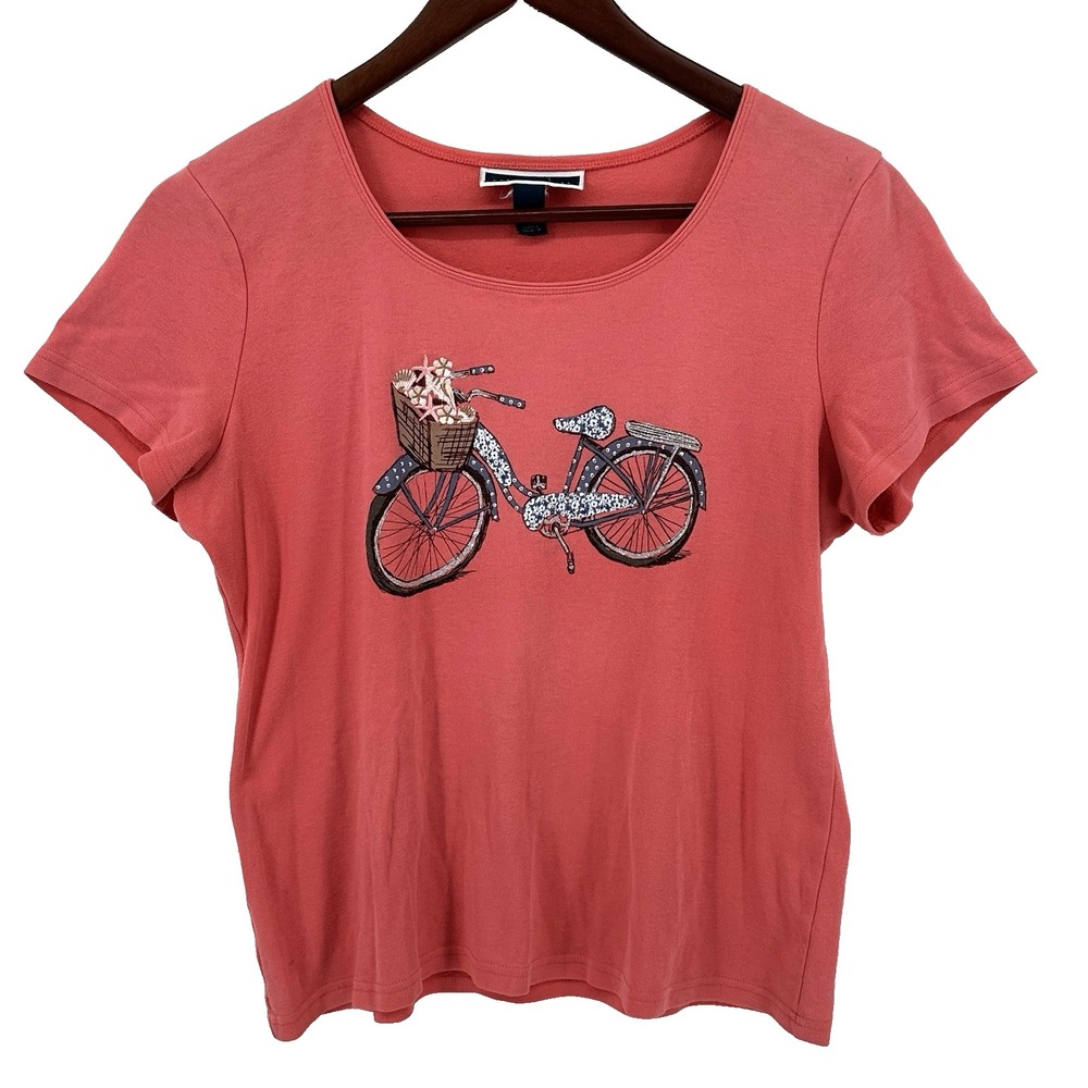Karen Scott Women's M Bicycle Beach Seashells Graphic Short Sleeve Pink